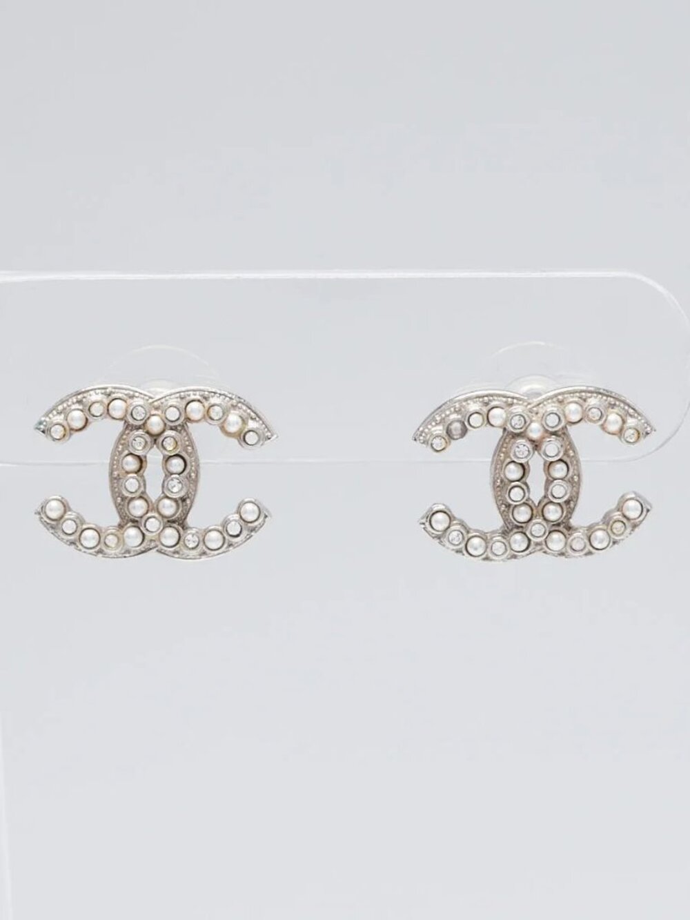 Chanel Silver Metal Faux Pearl and Crystal CC Stud Earrings